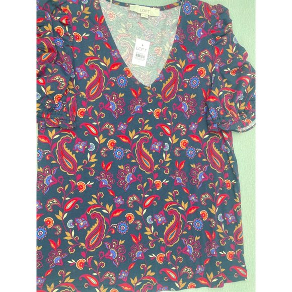 LOFT Women Paisley Ruffle Cinched Sleeve V-Neck Top Small - Picture 13 of 16